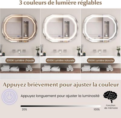 Miroir LED Mural de Salle de Bain Eclairage LED 3 Couleurs Fonction Memoire Antibuee Lecture Heure Temperature Ovale