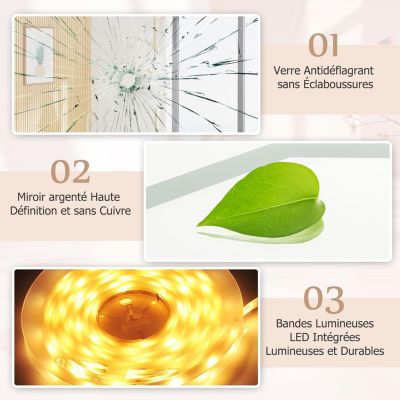 Miroir LED Mural de Salle de Bain Eclairage LED 3 Couleurs Fonction Memoire Antibuee Lecture Heure Temperature Ovale