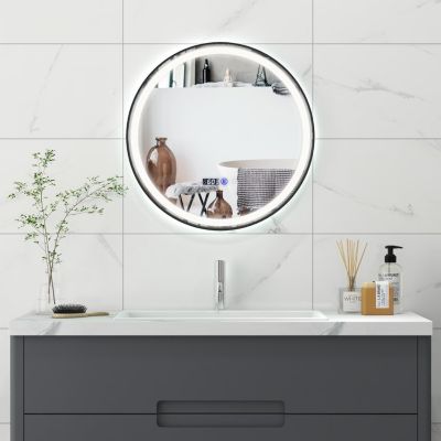 Miroir LED Mural de Salle de Bain Eclairage LED 3 Couleurs Fonction Memoire Antibuee Lecture Heure&Temperature Rond-Noir