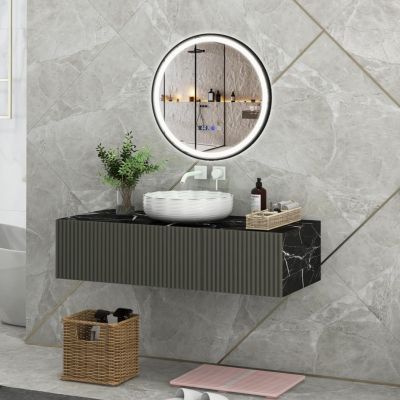 Miroir LED Mural de Salle de Bain Eclairage LED 3 Couleurs Fonction Memoire Antibuee Lecture Heure&Temperature Rond-Noir