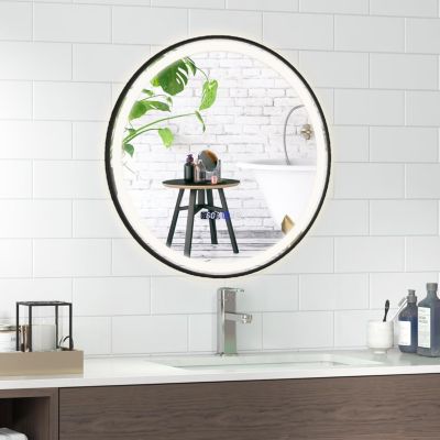 Miroir LED Mural de Salle de Bain Eclairage LED 3 Couleurs Fonction Memoire Antibuee Lecture Heure&Temperature Rond-Noir