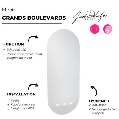 Miroir LED ovale 3 trous + mitigeur lavabo encastré 3 trous JACOB DELAFON Grands Boulevards noir mat