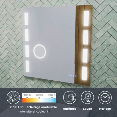 Miroir LED réglable EXCELL PLUS - 70 x 70 cm avec antibuée, loupe et horloge