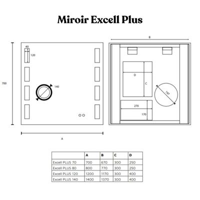 Miroir LED réglable EXCELL PLUS - 70 x 70 cm avec antibuée, loupe et horloge