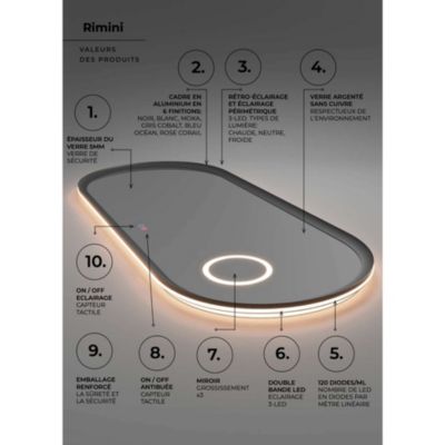Miroir Led  RIMINI Blanc 100X55cm - Temp Led Variable Rétro-éclairé & Frontal - Tactiles On/Off & Anti-Buée - Zone X3 - LEDIMEX
