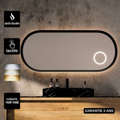 Miroir Led  RIMINI Noir 120X55cm - Temp Led Variable Rétro-éclairé & Frontal - Tactiles On/Off & Anti-Buée - Zone X3 - LEDIMEX