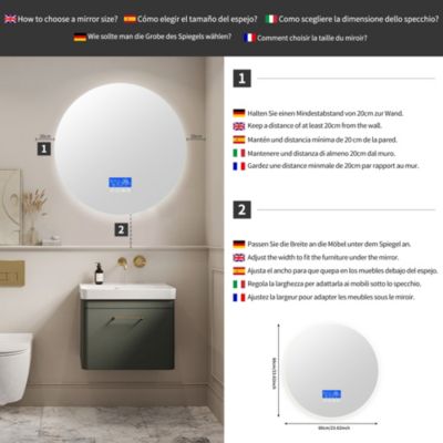 Miroir LED Rond Salle De Bain 100x100 Cm - Anti-buée, 3 Couleurs, Heure Et Température, Ip44