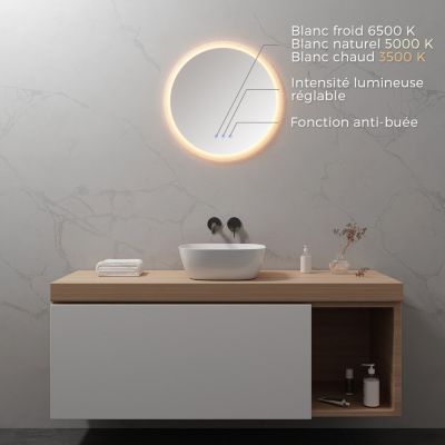Miroir LED rond salle de bain RADIUS 60 cm, anti-buée + éclairage et intensité réglables - Saniverre