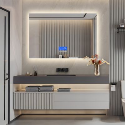 Miroir Salle De Bains LED Miroir Cosmétiques Modèle Carré Miroir Mural Lumière Blanc Froid Avec Interrupteur Touch 90x70 CM