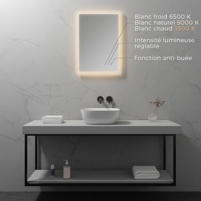 Miroir LED salle de bain MELLOW 50 x 70 cm réversible, anti-buée +  éclairage et intensité réglables - Saniverre