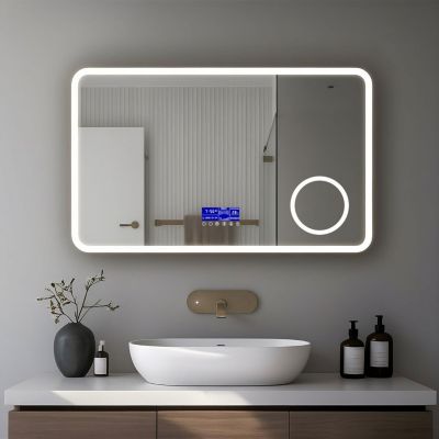 Miroir LED spécial maquillage 100x60 avec zone grossissante X3 et horloge digitale pour salle de bain