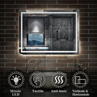 Miroir lumineux 80x100  salle de bain antibuée bouton tactile installation réversible SANILAND