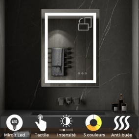 Miroir lumineux CIMEO 70 x 90 cm (ou 90x70) LED 2100 lms, antibuée + intensité & couleur réglables salle de bain - Saniverre