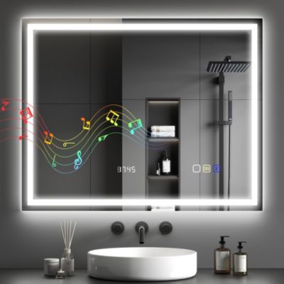 Miroir De Salle De Bain éclairé 55x75 Cm - LED 3 Couleurs Réglables, Anti-buée, Haut-parleur Bluetooth, Détection Mouvement - IP65 étanche, Verre Trempé - Affichage Heure/température - 7
