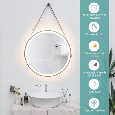 Miroir Mural a LED Rond 60 cm Anti-buee Miroir de Salle de Bain 3000-6000K 3 Couleurs de Lumiere Reglables