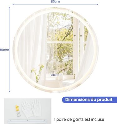 Miroir Mural de Salle de Bain LED Antibuée avec Interrupteur Tactile 3 Couleurs Luminosité Réglable Rond