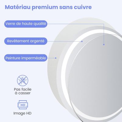 Miroir Mural de Salle de Bain LED Antibuée avec Interrupteur Tactile 3 Couleurs Luminosité Réglable Rond