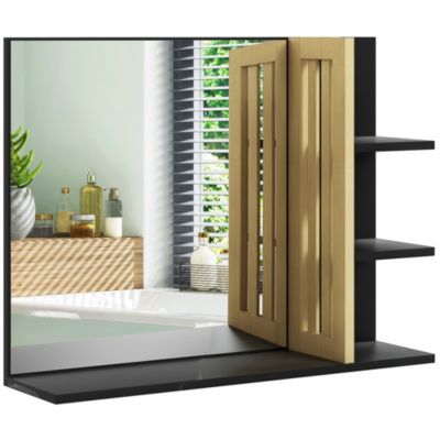 Miroir mural salle de bain - étagères - bambou verni MDF noir