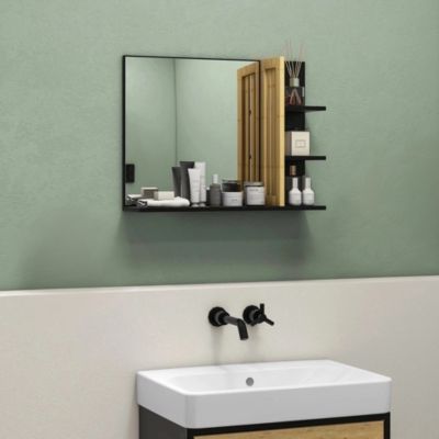 Miroir mural salle de bain - étagères - bambou verni MDF noir