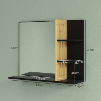 Miroir mural salle de bain - étagères - bambou verni MDF noir