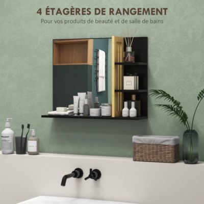 Miroir mural salle de bain - étagères - bambou verni MDF noir