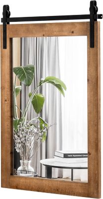 Miroir Mural Solide Miroir Décoratif Rectangulaire en Bois Sapin Verre de Haute Définition Support en Métal Brun