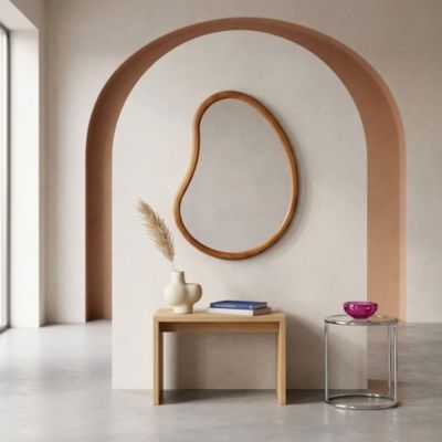 Miroir organique en bois de sapin 65cm épaisseur 3cm coloris noyer idéal entrée. chambre ou salle de bain
