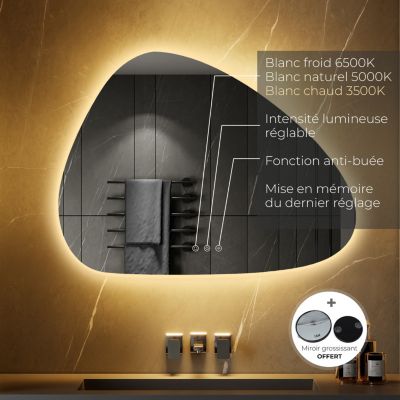 Miroir organique lumineux GALEO 60 x 80 cm LED tactile anti buée + intensité & couleur réglables, salle de bain - Saniverre