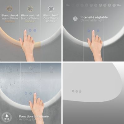 Miroir organique lumineux GALEO 60 x 80 cm LED tactile anti buée + intensité & couleur réglables, salle de bain - Saniverre