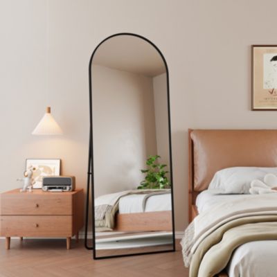 Miroir pleine longueur 162x53 cm, sur pied ou mural, cadre aluminium noir, grand miroir de sol rectangulaire pour salon ou chambre