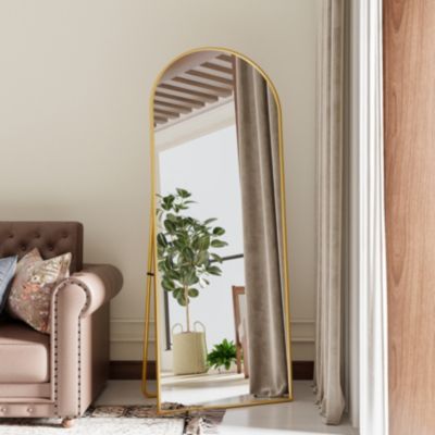 Miroir pleine longueur 165x60 cm, Grand Miroir de Sol sur pied ou mural, design en arc pour salon ou chambre, Doré