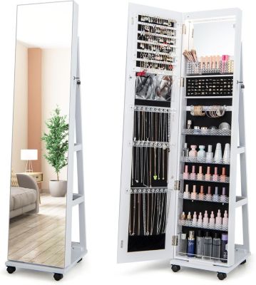 Miroir Pleine Longueur Armoire à Bijoux Mobile sur Roulettes, avec LED 3 Couleurs, Serrure et Nombreux Rangements