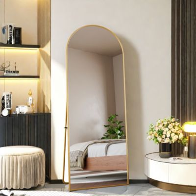 Miroir Pleine Longueur Arqué 162x53 cm, Grand Miroir de Sol Sur Pied Bombé Avec Support, Suspendu, Doré