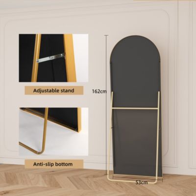 Miroir Pleine Longueur Arqué 162x53 cm, Grand Miroir de Sol Sur Pied Bombé Avec Support, Suspendu, Doré