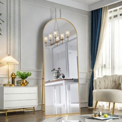 Miroir Pleine Longueur Arqué 162x53 cm, Grand Miroir de Sol Sur Pied Bombé Avec Support, Suspendu, Doré