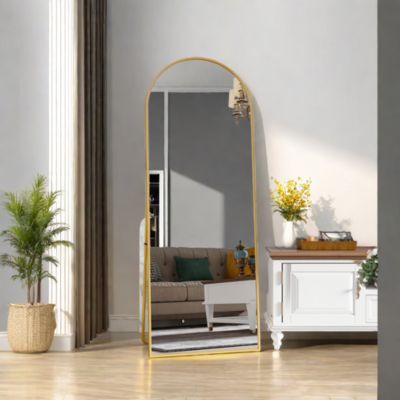 Miroir Pleine Longueur Arqué 162x53 cm, Grand Miroir de Sol Sur Pied Bombé Avec Support, Suspendu, Doré