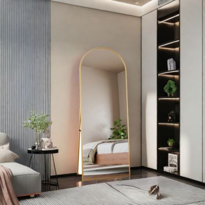 Miroir Pleine Longueur Arqué 162x53 cm, Grand Miroir de Sol Sur Pied Bombé Avec Support, Suspendu, Doré