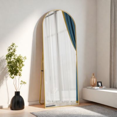 Miroir Pleine Longueur Arqué 162x53 cm, Grand Miroir de Sol Sur Pied Bombé Avec Support, Suspendu, Doré
