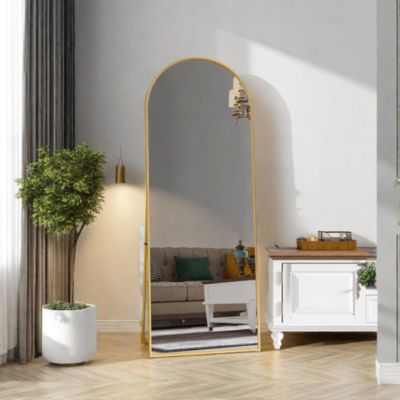 Miroir Pleine Longueur Arqué 162x53 cm, Grand Miroir de Sol Sur Pied Bombé Avec Support, Suspendu, Doré