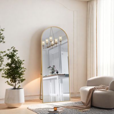 Miroir Pleine Longueur Arqué 162x53 cm, Grand Miroir de Sol Sur Pied Bombé Avec Support, Suspendu, Doré