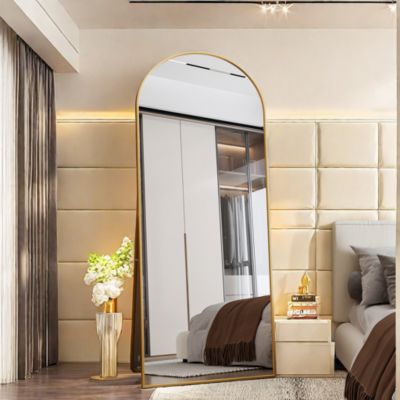 Miroir Pleine Longueur Arqué 180x80 cm, Grand Miroir de Sol Sur Pied Bombé Avec Support, Suspendu, Doré