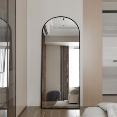 Miroir Pleine Longueur Arqué 180x80 cm, Grand Miroir de Sol Sur Pied Bombé Avec Support, Suspendu, Noir