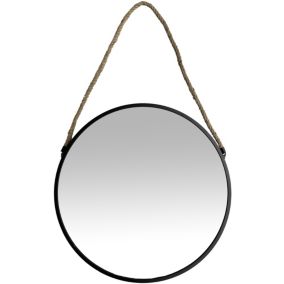 Miroir rond à suspendre en métal noir avec corde Ø30cm