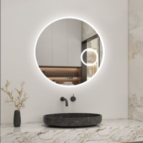 Miroir rond de salle de bain 70cm LED tricolore horloge + loupe + anti-buée + mémoire, AICA SANITAIRE