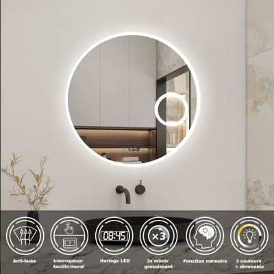 Miroir rond de salle de bain 70cm LED tricolore horloge + loupe + anti-buée + mémoire, AICA SANITAIRE