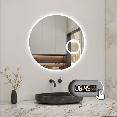 Miroir rond de salle de bain 70cm LED tricolore horloge + loupe + anti-buée + mémoire, AICA SANITAIRE