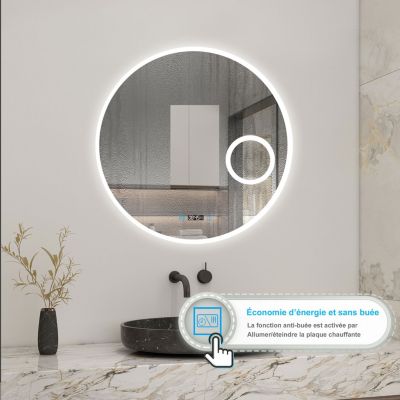 Miroir rond de salle de bain 70cm LED tricolore horloge + loupe + anti-buée + mémoire, AICA SANITAIRE