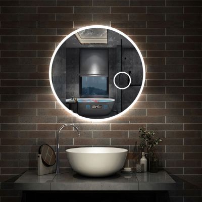 Miroir rond de salle de bain 80cm LED tricolore horloge + loupe + anti-buée + mémoire, AICA SANITAIRE
