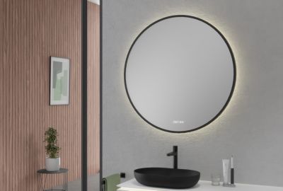 Miroir rond design cadre noir LED avec bouton tactile, réglage lumière, anti-buée, horloge digitale -8232-2.0, diam.100cm