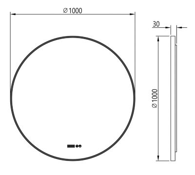 Miroir rond design cadre noir LED avec bouton tactile, réglage lumière, anti-buée, horloge digitale -8232-2.0, diam.100cm